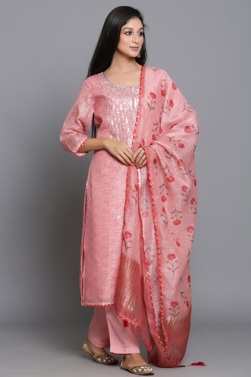 Pink Unstitched dress material Suit Set image number 5