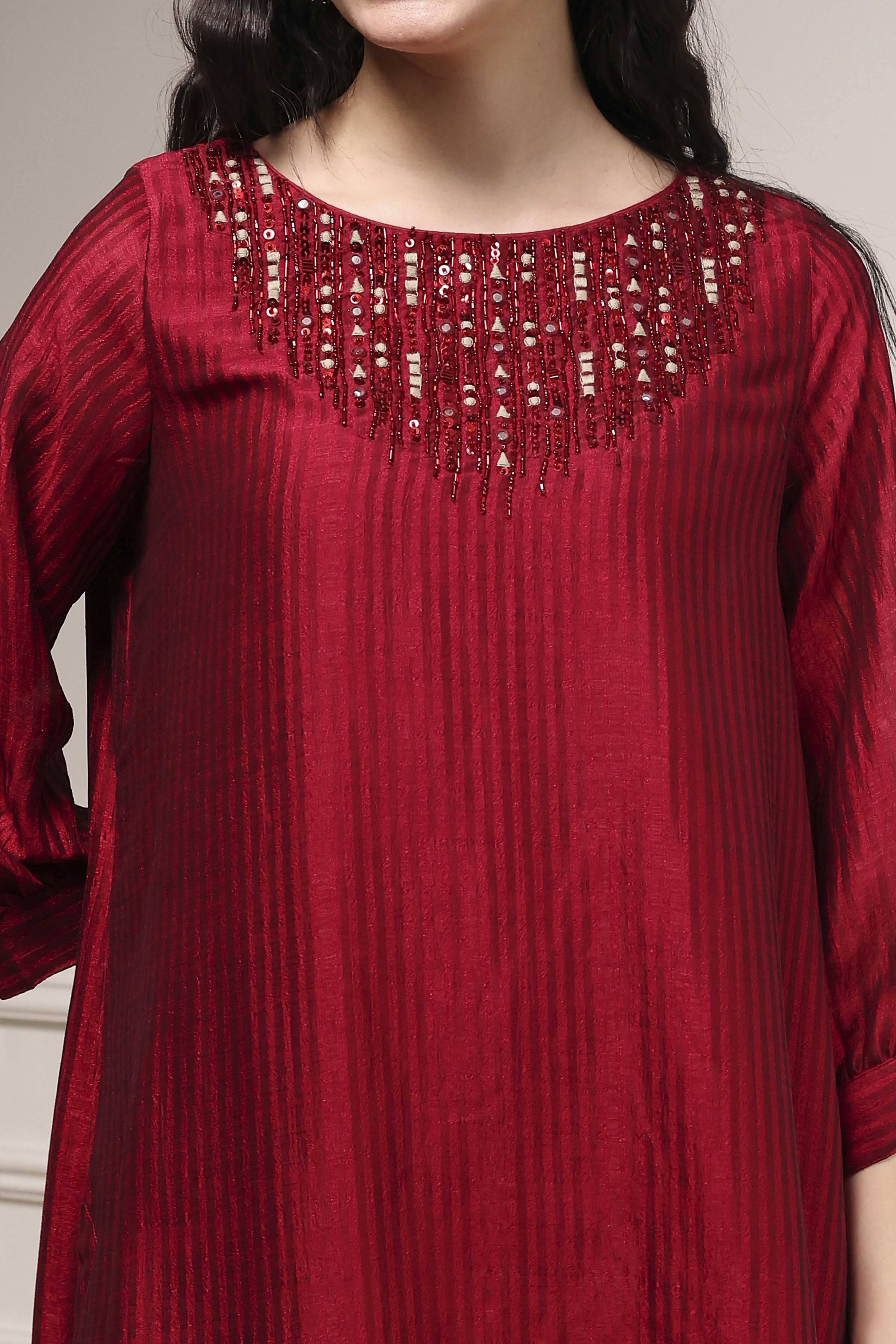 Red Self-Designed Straight Kurta Set image number 1