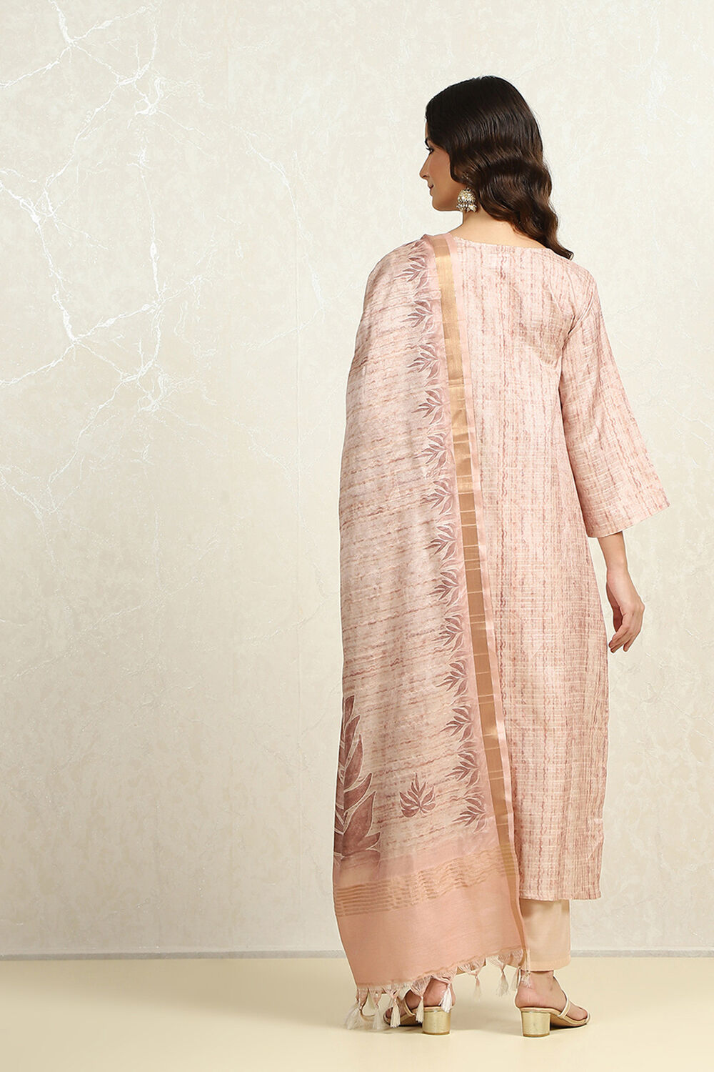 Blue Tussar Printed Unstitched Suit Set image number 5