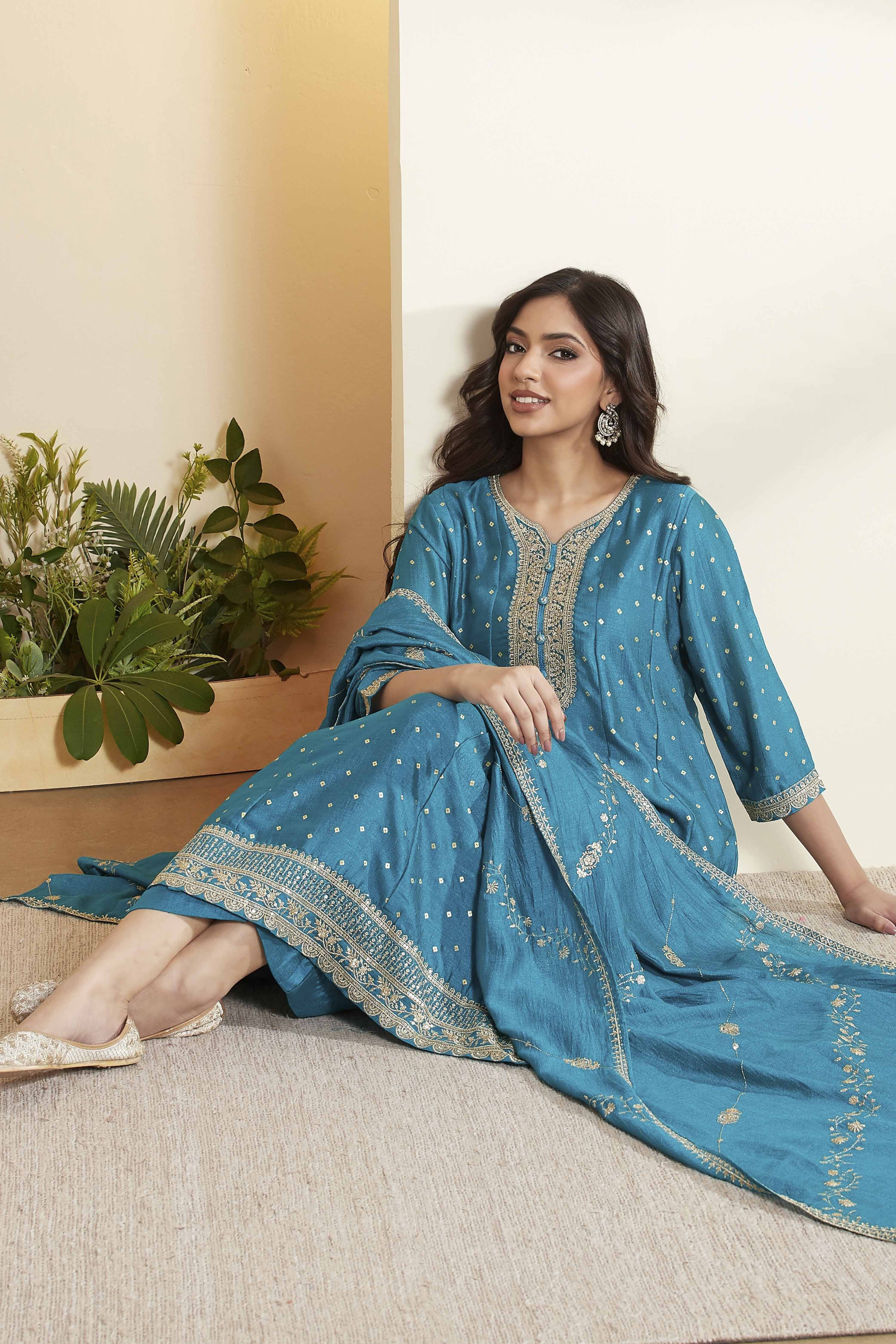 Blue Cotton Kalidar Suit Set image number 0