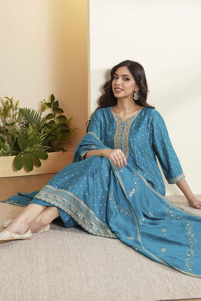 BIBA Cotton Dyed Kalidar Festive Kurta With Palazzo And Dupatta in Blue