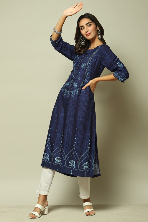 Indigo LIVA Straight Printed Kurta image number 0