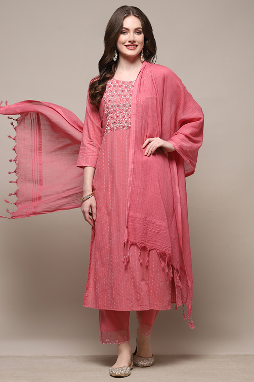 Peach-Colored Cotton Embroidered Unstitched Suit set image number 1