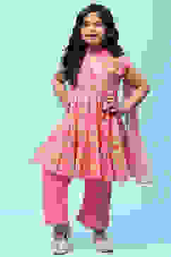 Pink Cotton Floral Printed Gathered Tiered Suit Set image number 0