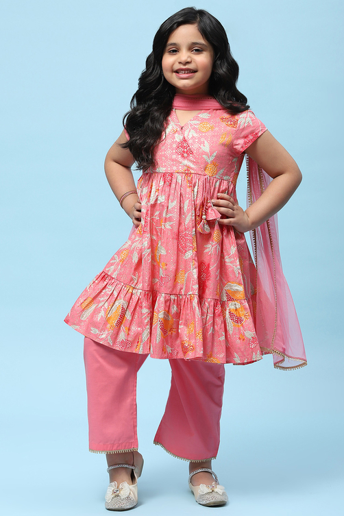 Pink Cotton Floral Printed Gathered Tiered Suit Set image number 0