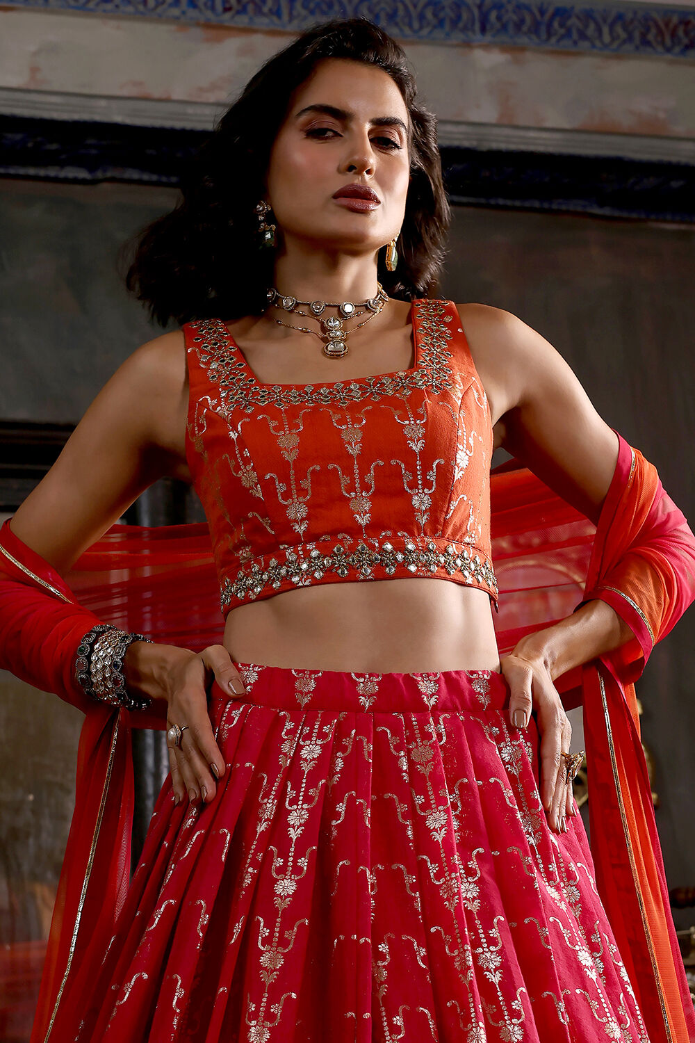 Pink and Orange Chanderi Jacquard Lehenga Set image number 1