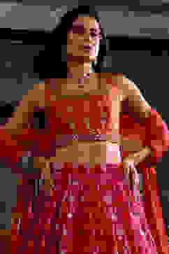 Pink and Orange Chanderi Jacquard Lehenga Set image number 1