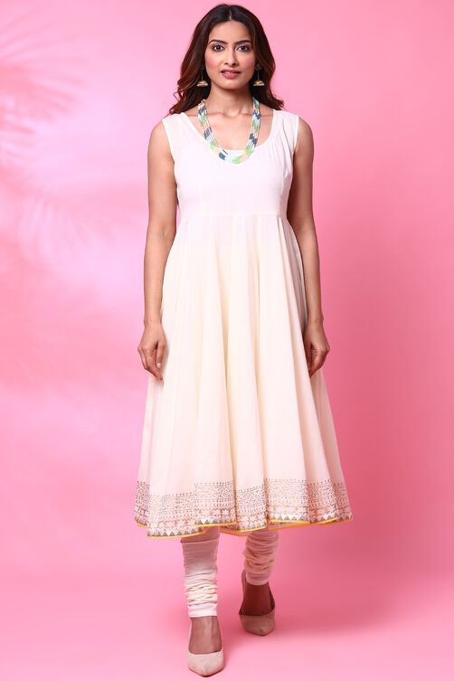 Lime Green Double Flared Kurta Churidar Suit Set image number 1