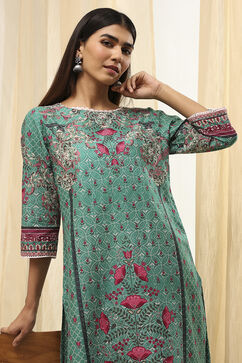 Teal Cotton Printed Straight Kurta image number 1