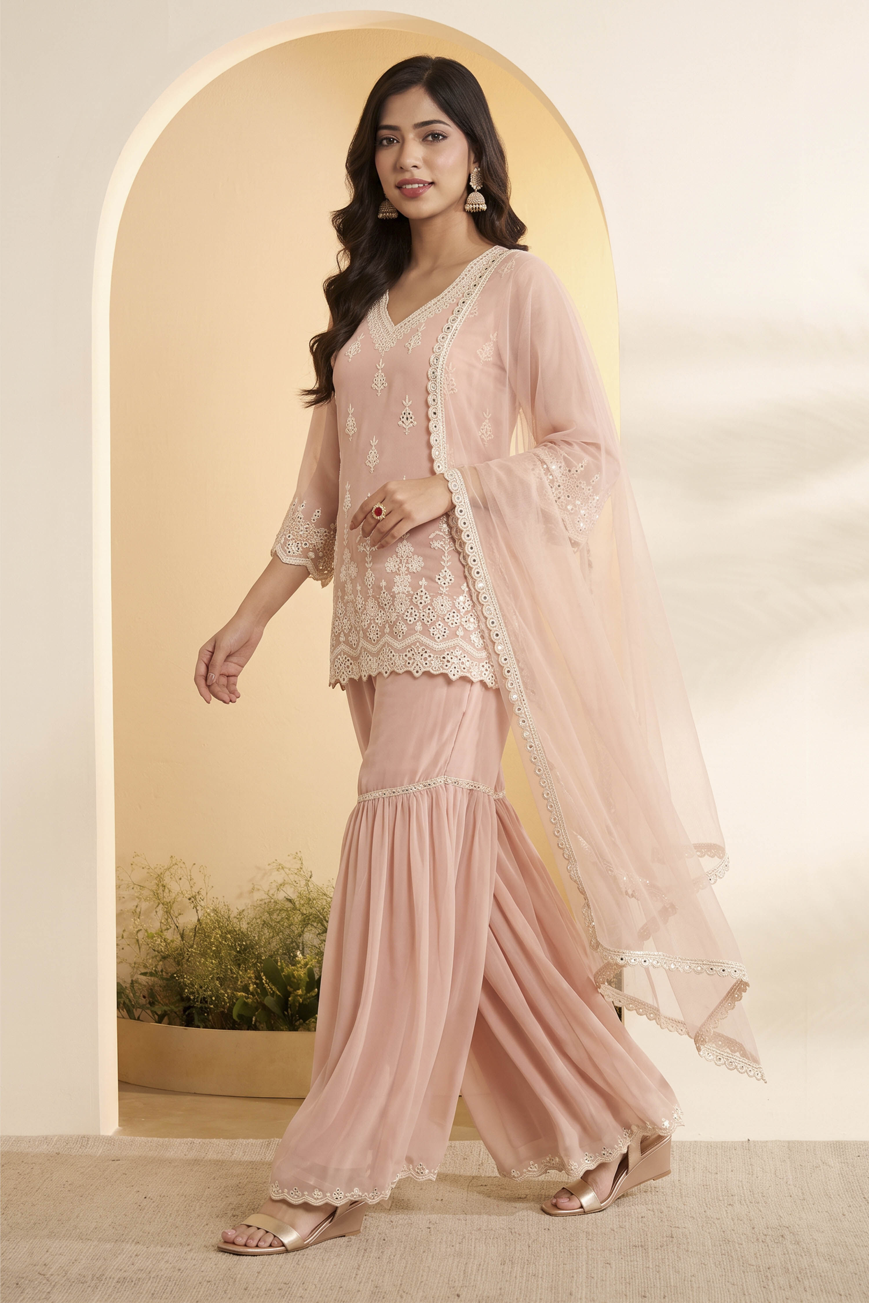 Blush Pink Embroidered Sharara Set with Net Dupatta image number 2