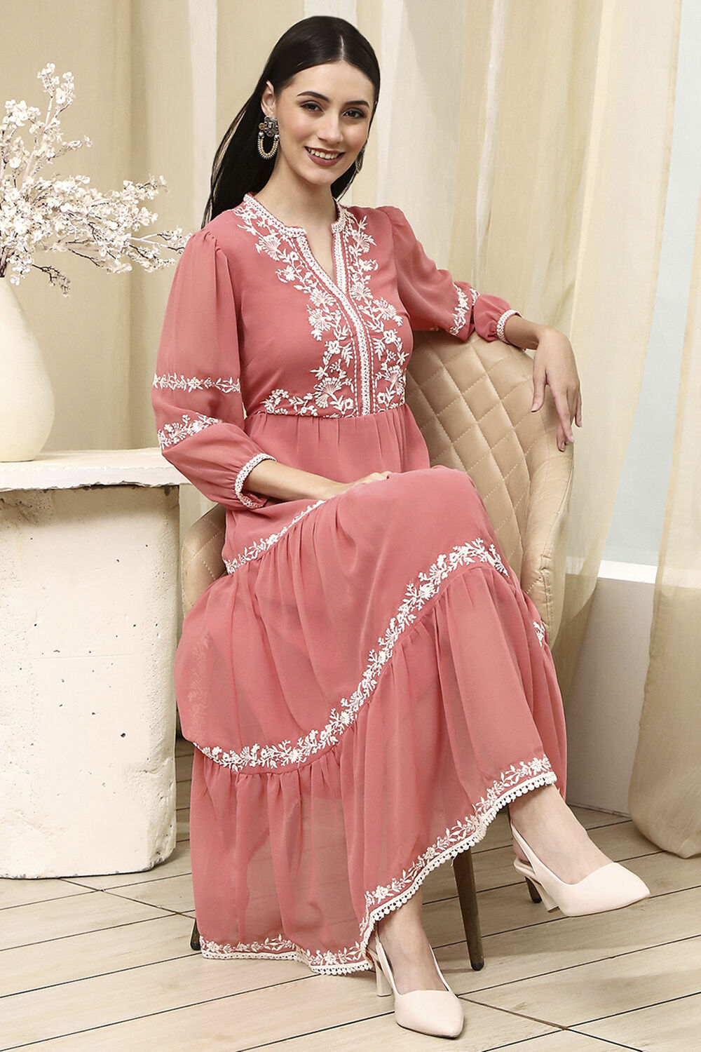 Light Pink Embroidered Tiered Dress image number 0