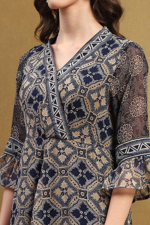 Blue Georgette Floral Printed Flared Dress image number 1