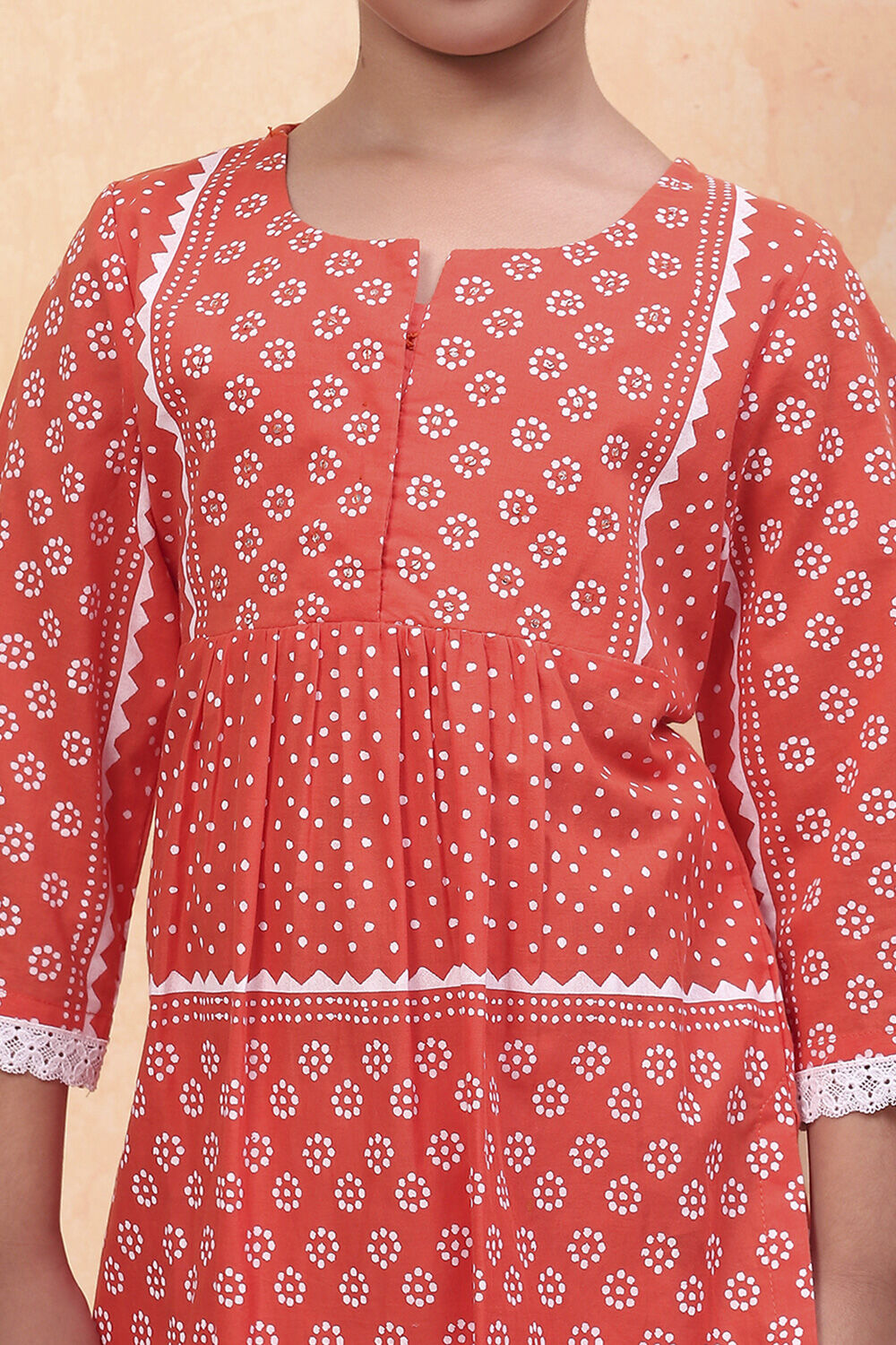Orange and White Cotton Printed Straight Kurta Set image number 1