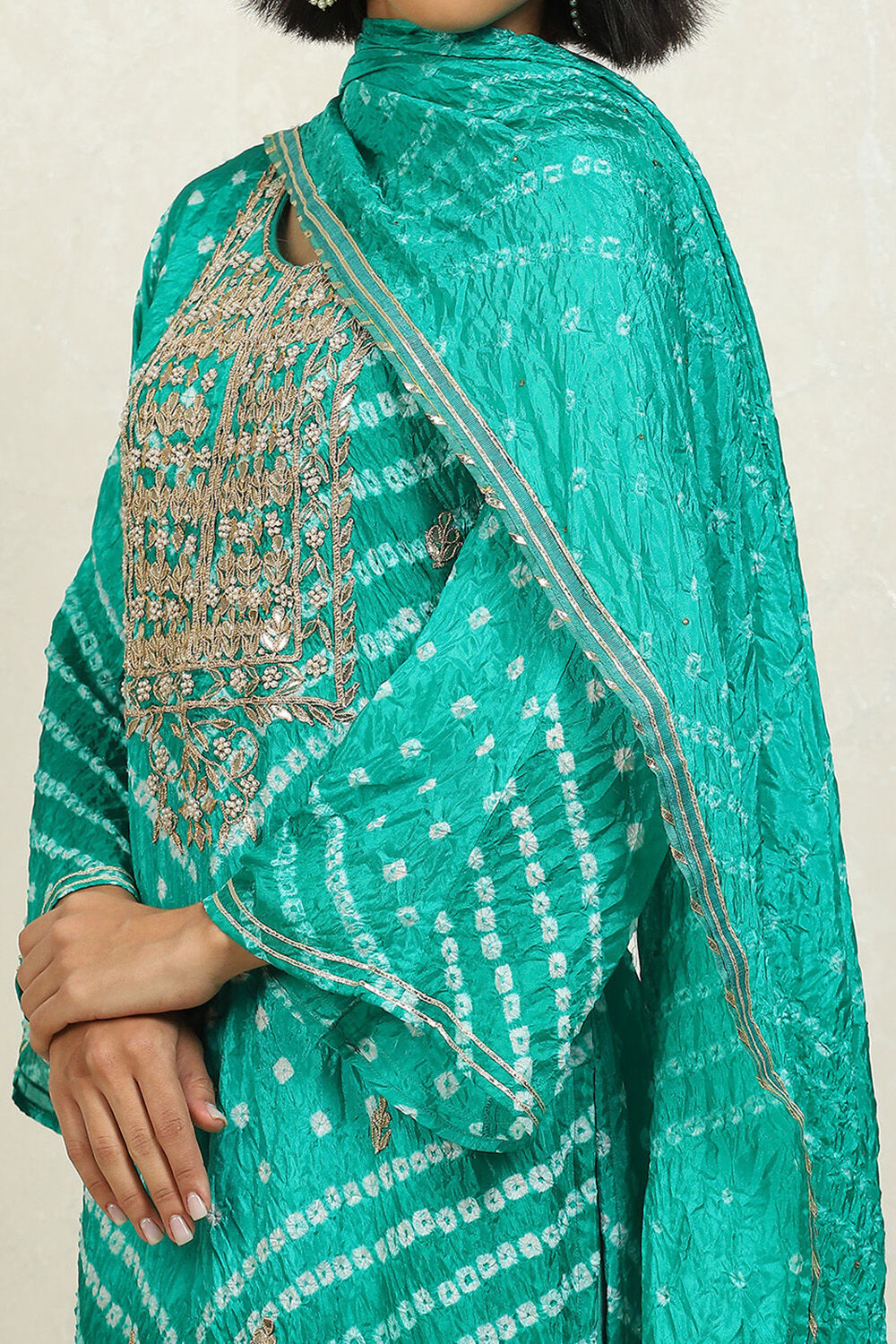 Orange Silk Blend Bandhej Crinkled Unstitched Suit Set image number 2