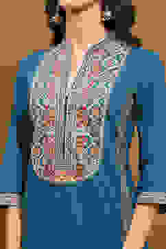 Teal Cotton Floral Printed Straight Suit Set image number 1