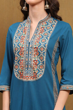 Teal Cotton Floral Printed Straight Suit Set image number 1