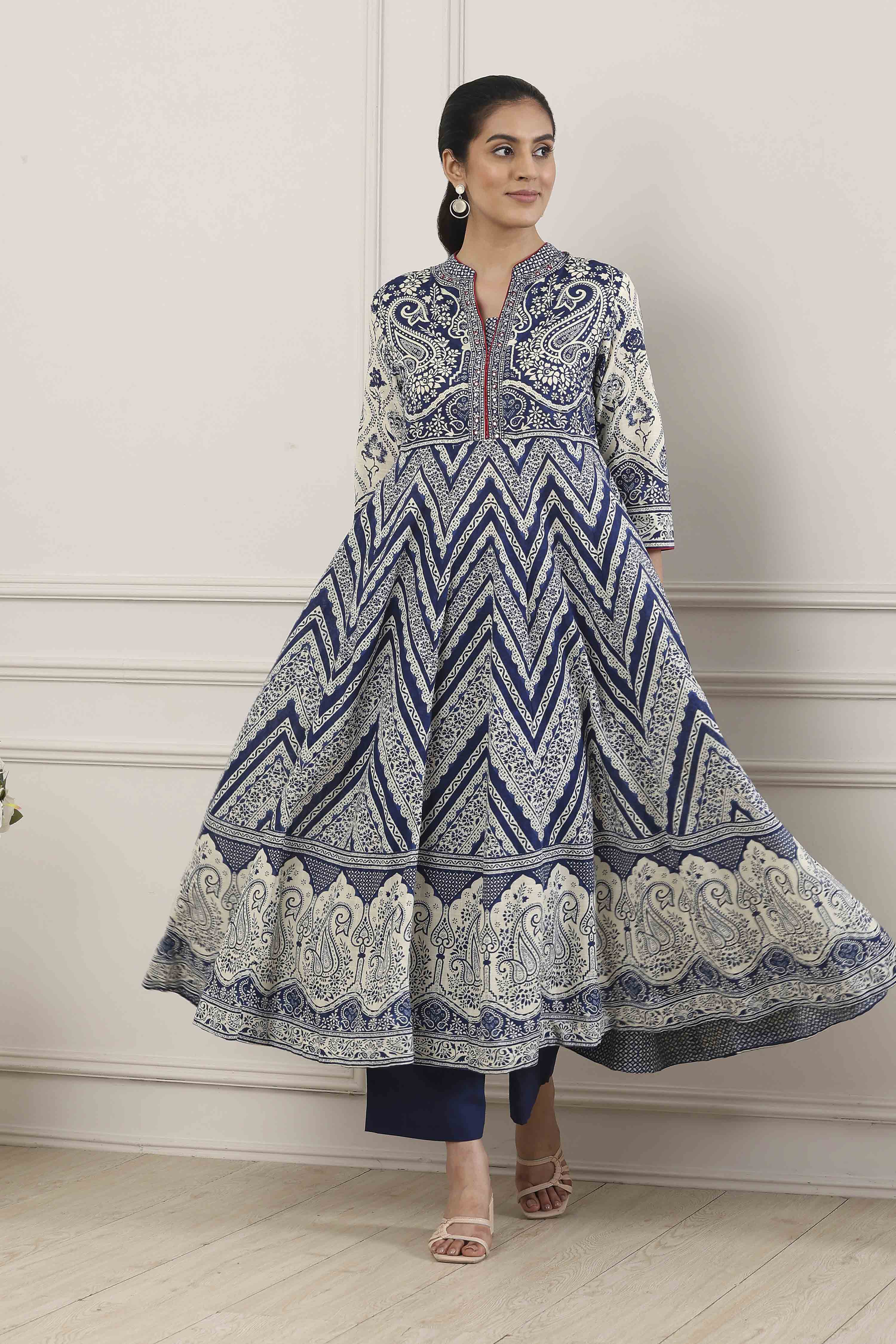 Blue Cotton Anarkali Suit Set image number 6