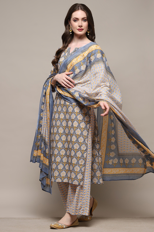 Blue Cotton Screen Printed Unstitched Suit Set image number 5