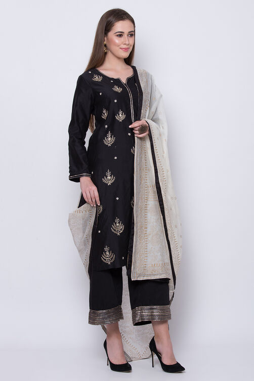 Black Cotton Silk Straight Kurta Palazzo Suit Set image number 2