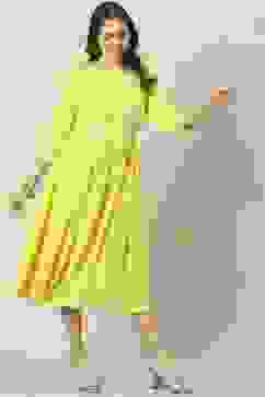 Yellow Cotton Flared Printed Kurta Dress image number 3