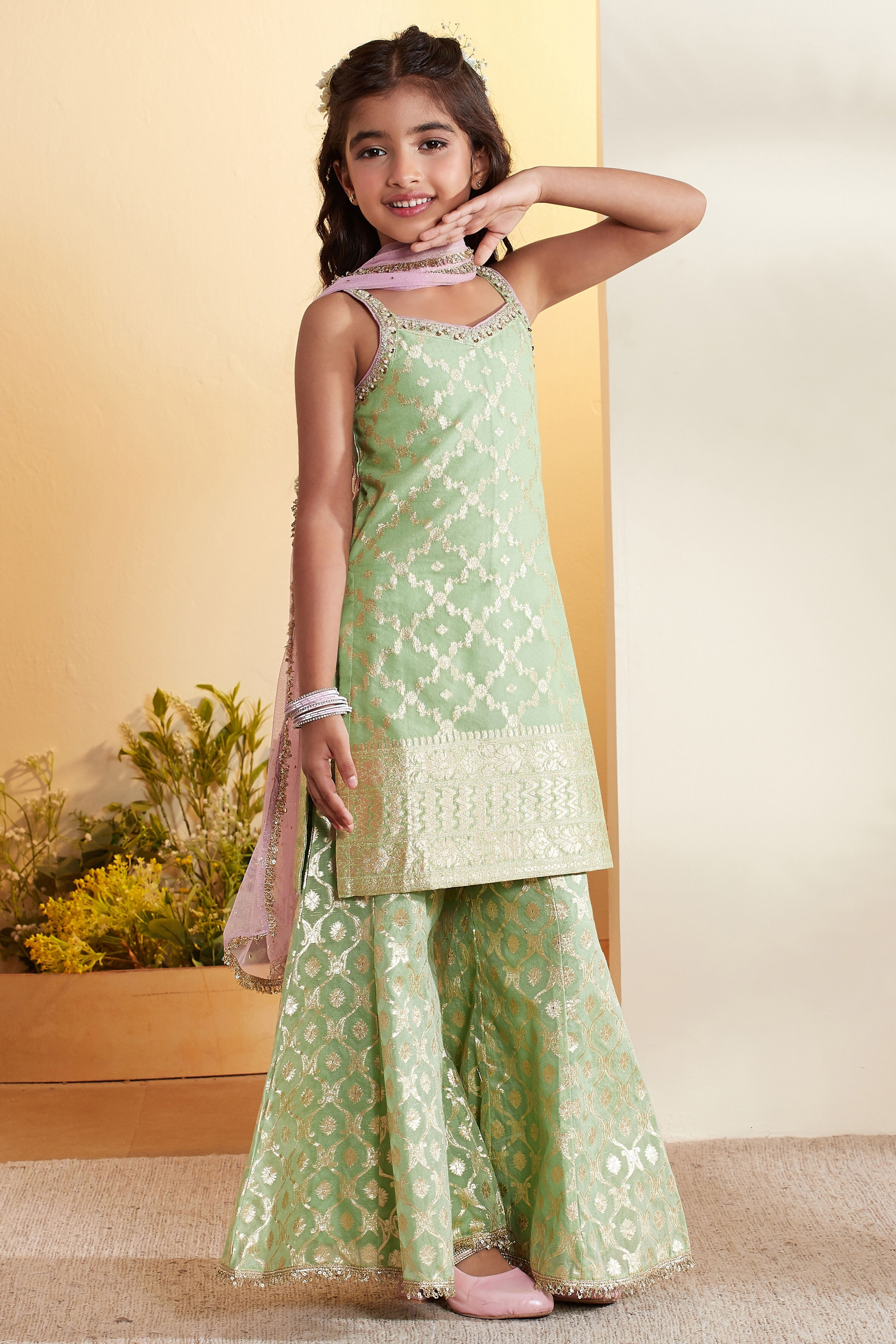 Sage Green Printed Sharara Kurta Set image number 4