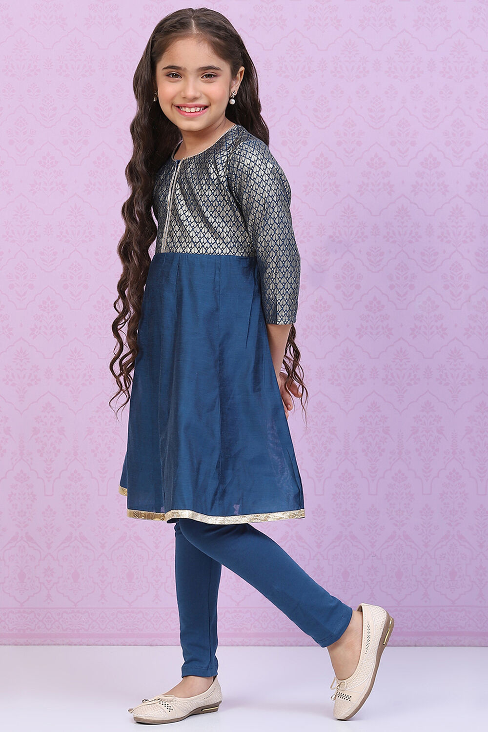 Blue Art Silk Straight Printed Kurta Set image number 3