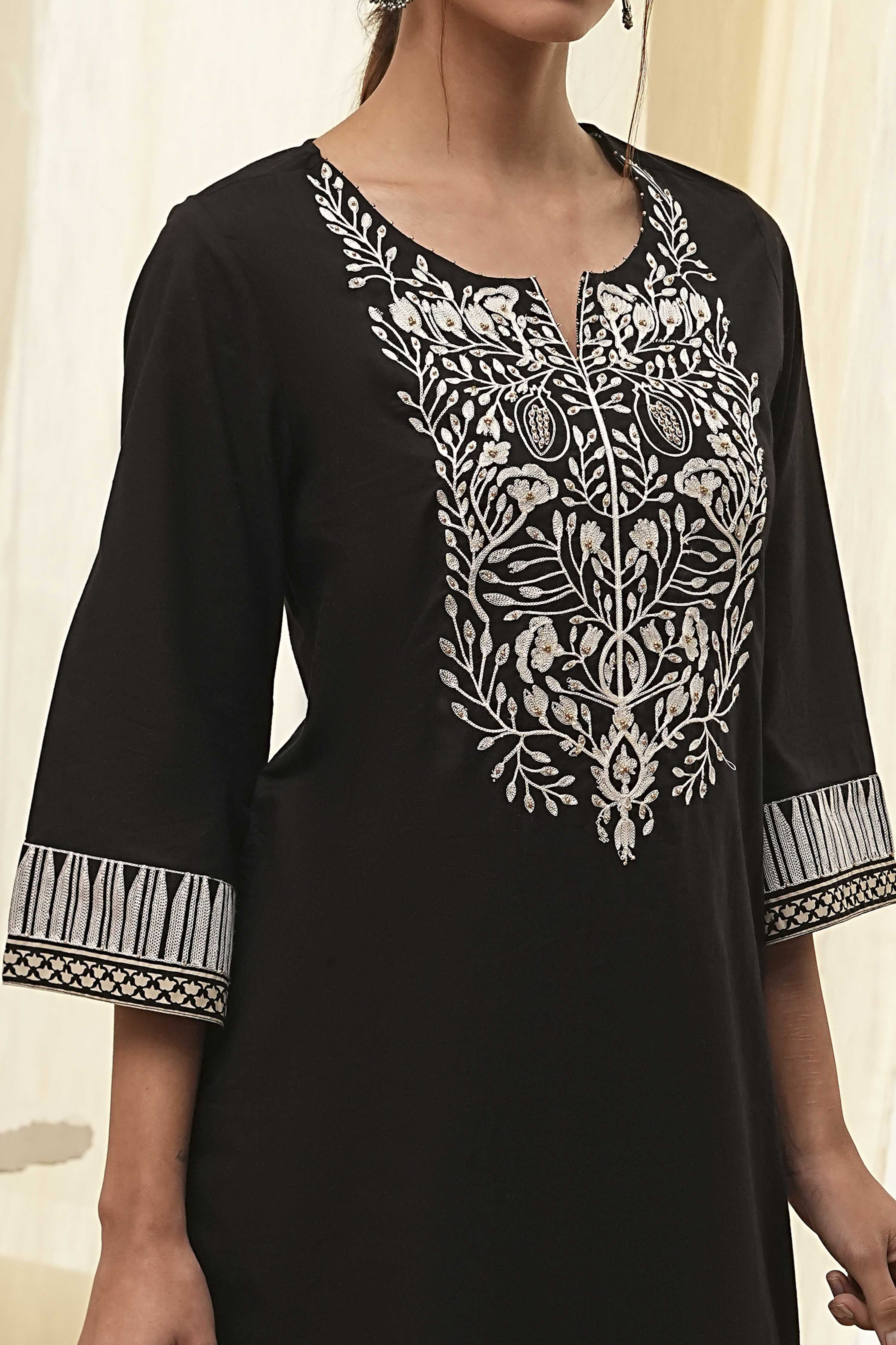 Black Pure Cotton Embroidered Straight Kurta image number 1