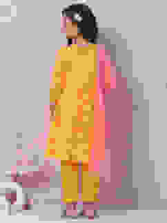 Yellow Cotton Anarkali Kurta Narrow Pants Suit Set image number 4
