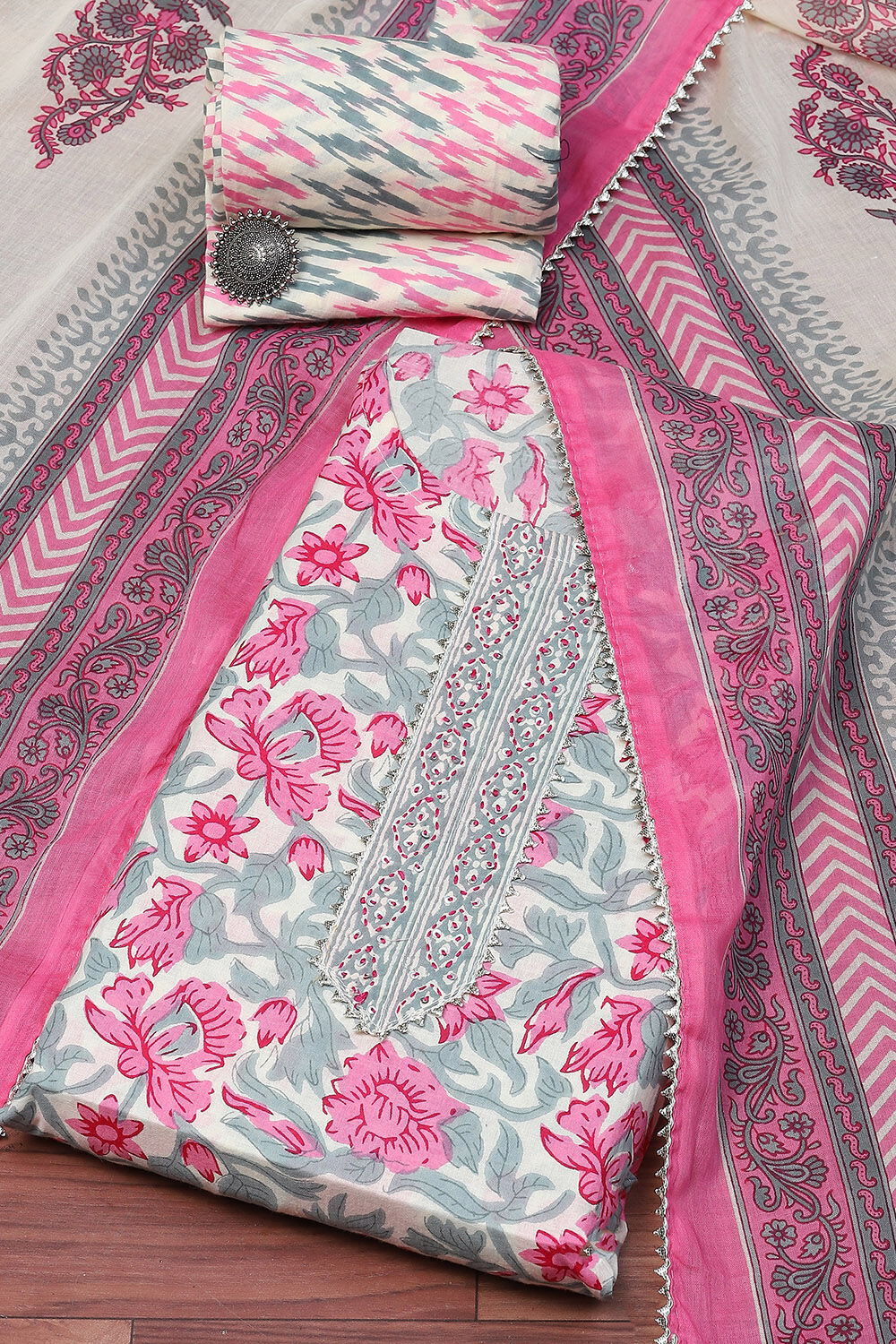 Pink Cotton Handloom Unstitched Suit Set image number 0