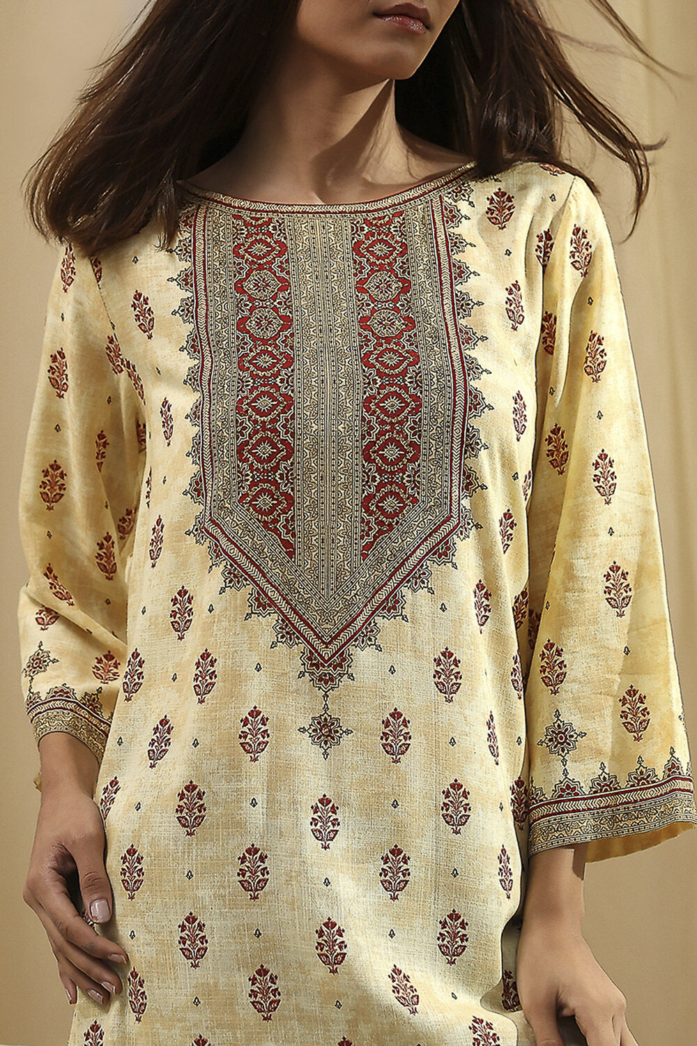 Beige Viscose Printed Straight  Short Kurta image number 1