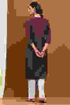 Brown Cotton Blend Solid Regular Fit Straight Kurta image number 3