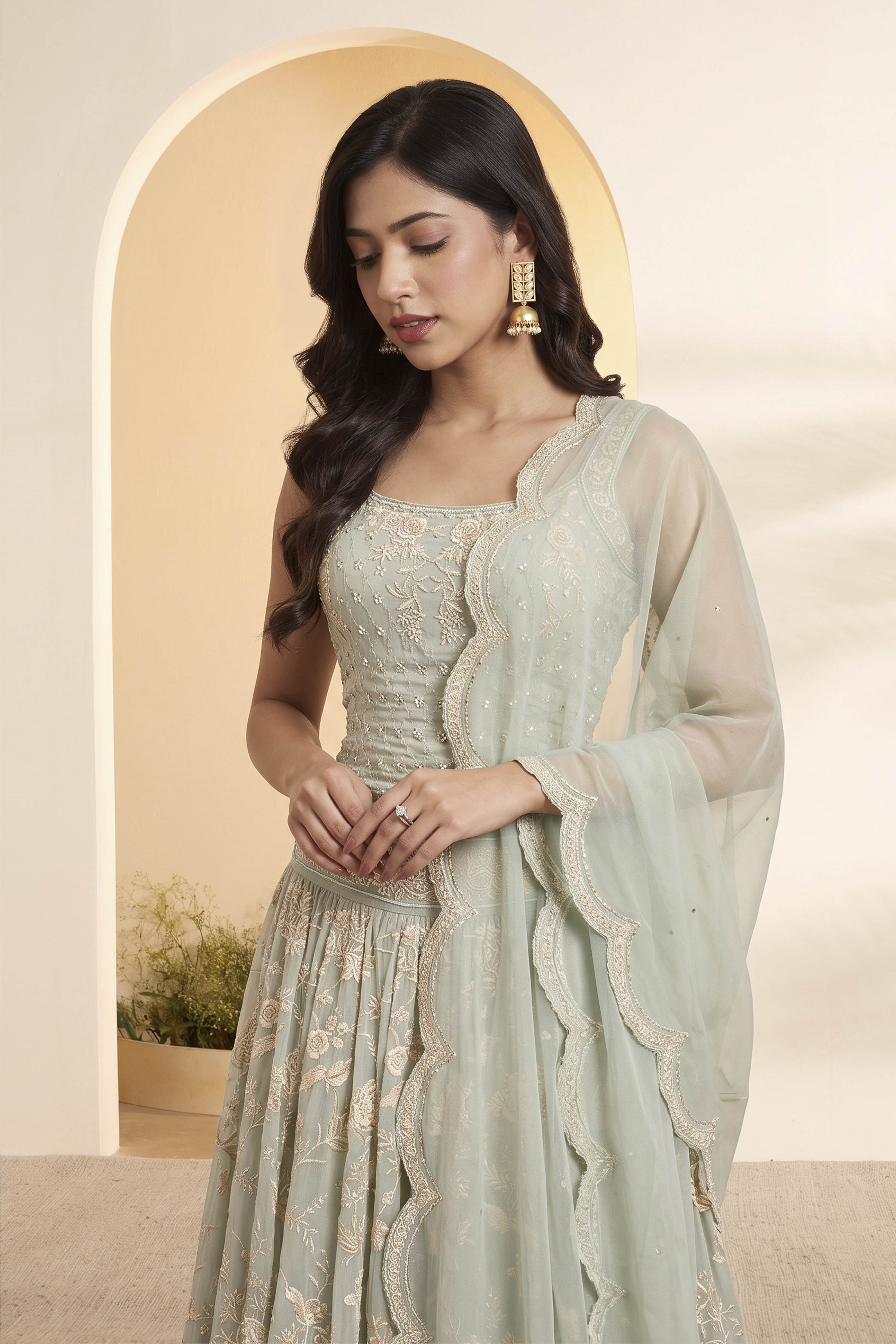 Turquoise Polyester Straight Lehenga Set image number 1