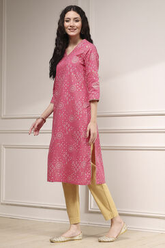 Pink Cotton Straight Printed Kurta image number 2