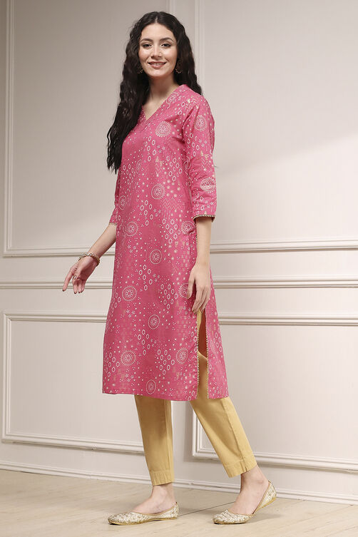 Beige Cotton Printed Straight Kurta image number 2