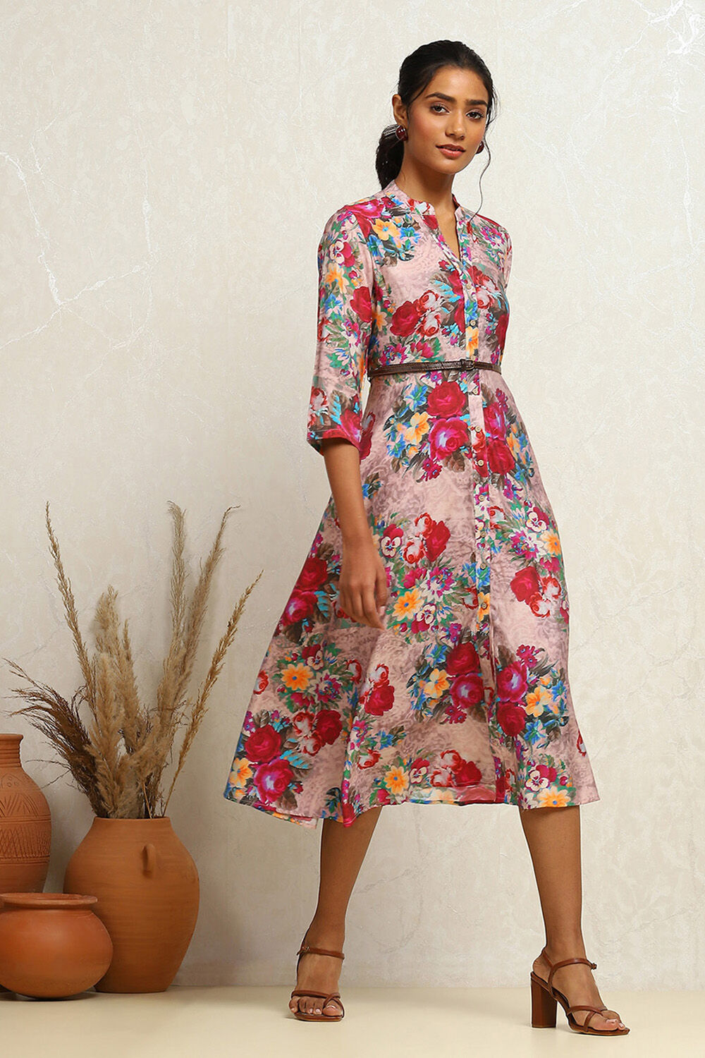 Grey Floral Printed A-Line Dress image number 4