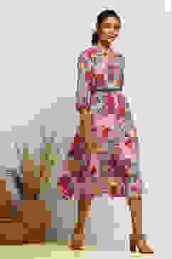 Grey Floral Printed A-Line Dress image number 4