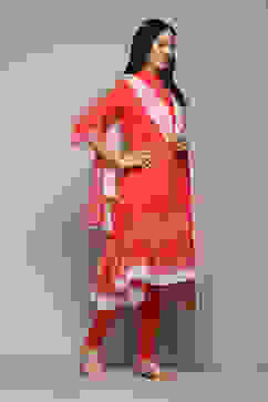 Coral Cotton Asymmetric Solid Kurta Churidar Suit Set image number 6