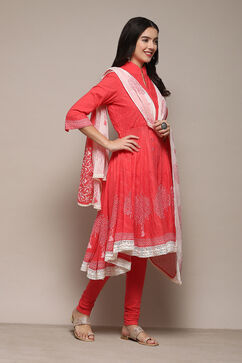 Coral Cotton Asymmetric Solid Kurta Churidar Suit Set image number 6