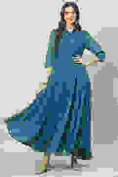 Teal Art Silk Flared Printed Dress image number 5