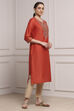Burnt Orange Viscose Blend Solid Straight Kurta image number 4