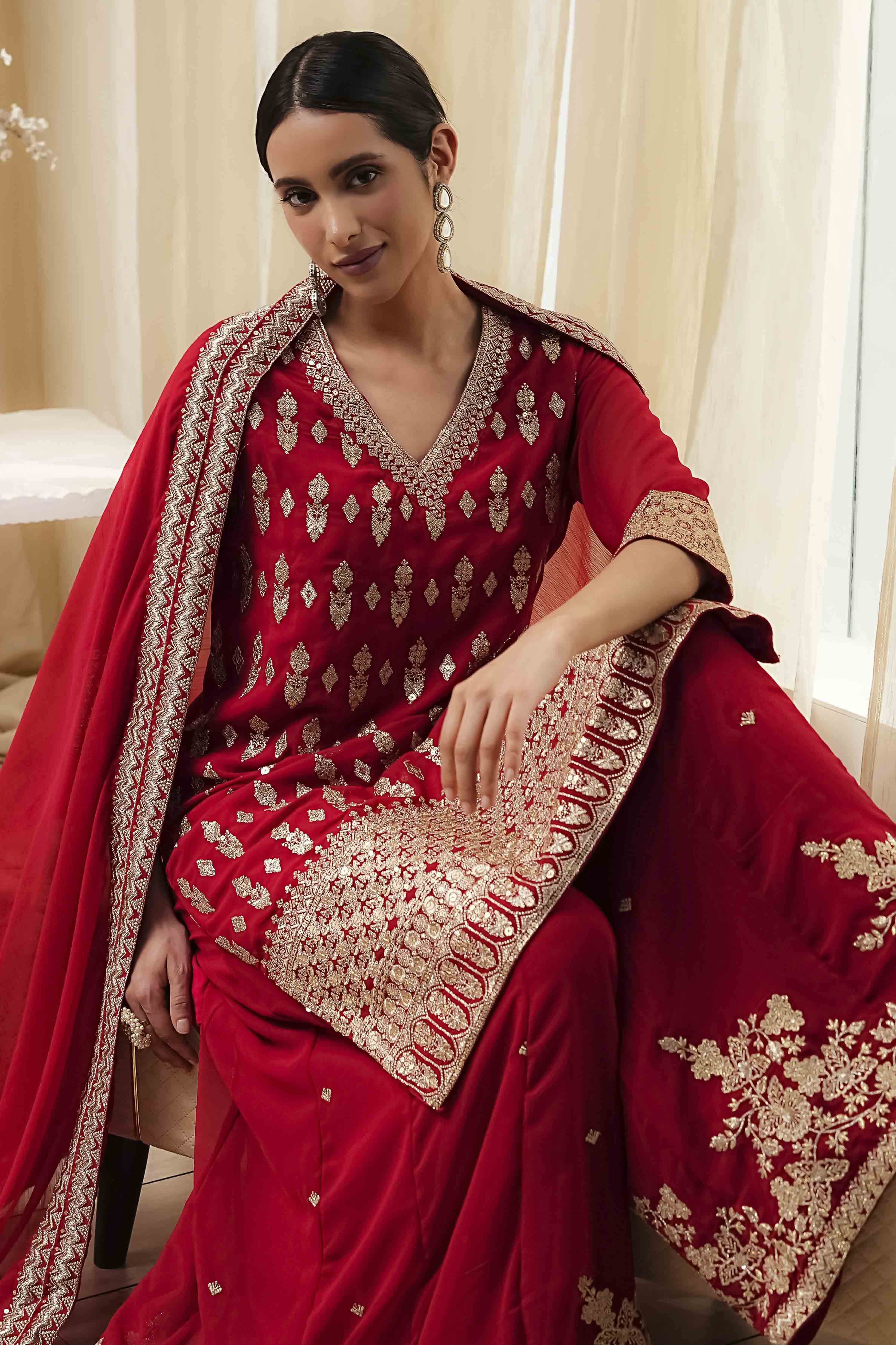 Red Embroidered Straight Suit Set image number 7