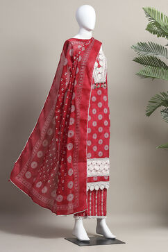 Red Cotton Unstitched Suit Set image number 4