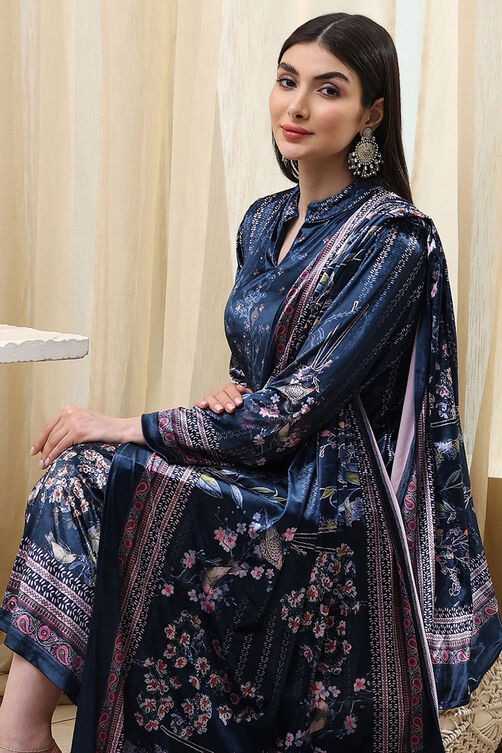 Petrol Blue Polyester Straight Printed Kurta Slim Pant Suit Set image number 7