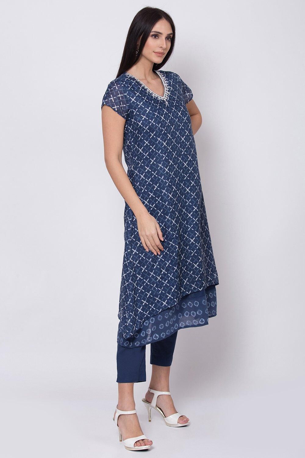 Blue Straight Kurta Slim Pants Suit Set image number 6