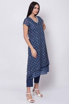Blue Straight Kurta Slim Pants Suit Set image number 6