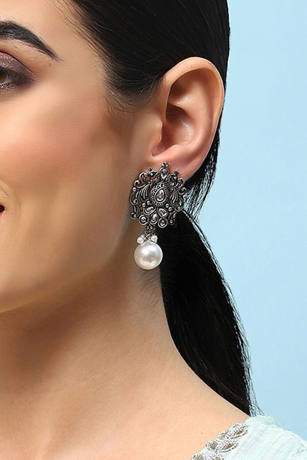 Oxidised Pearl Brass Earrings image number 1