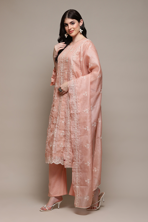 Peach Cotton Blend Printed Unstitched Suit Set image number 6