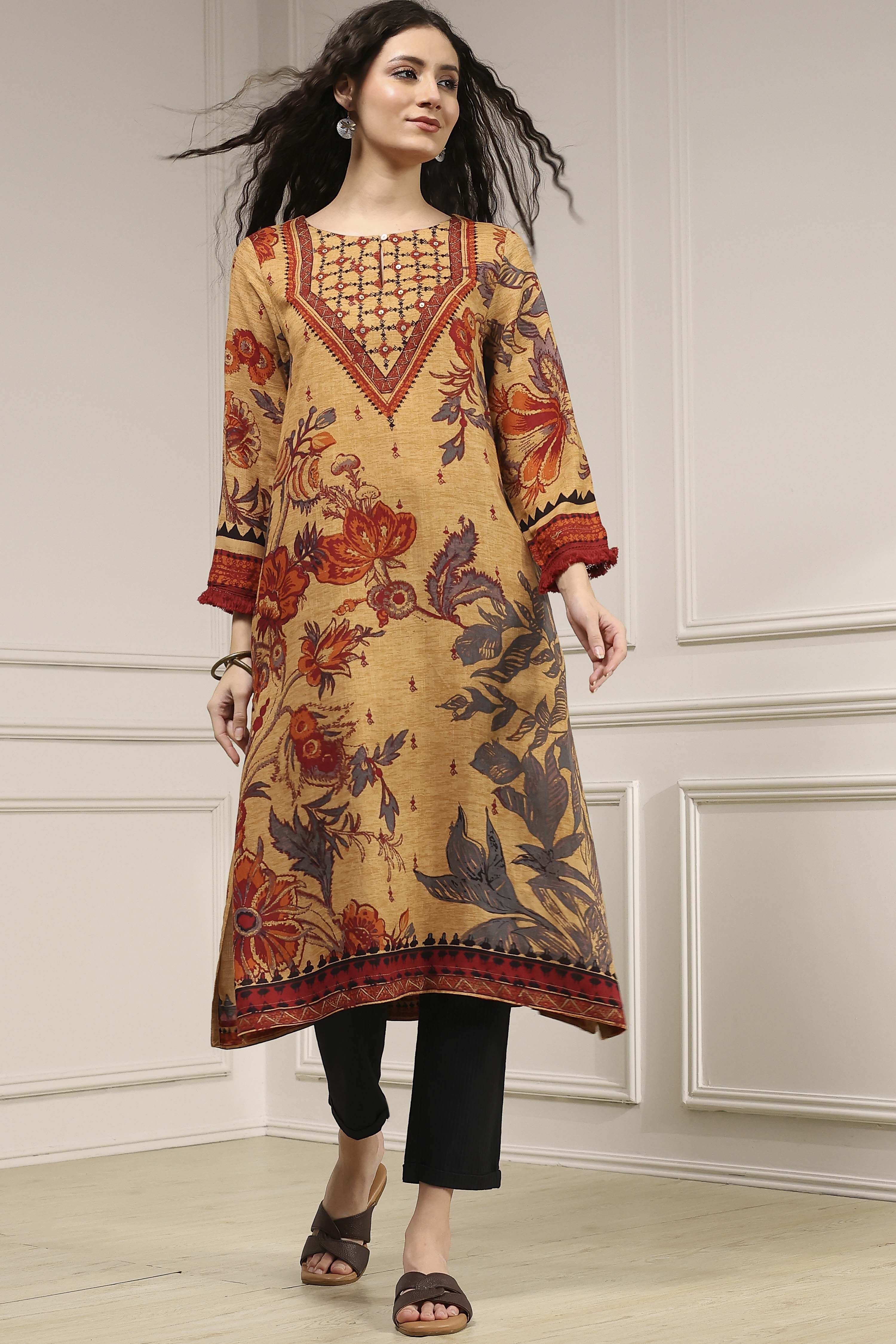 Beige Printed Straight Kurta image number 5