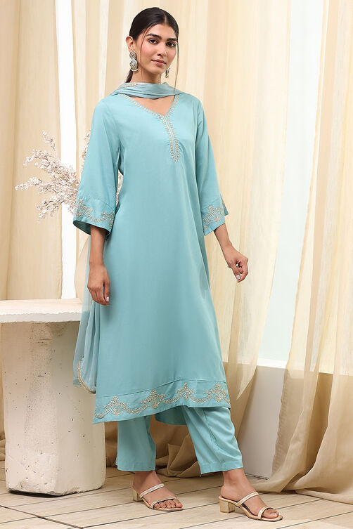 Dull Blue Solid A-Line Suit Set image number 5