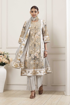 Khaki Green Cotton Floral Printed Straight Suit Set